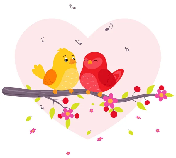 Couple birds sitting on branch — Stock Vector