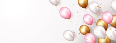 Altın konfeti ve balonlarla kutlama pankartı vektör illüstrasyonu