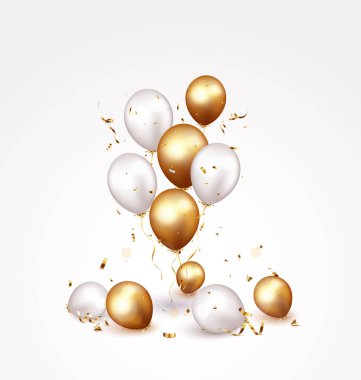 Altın konfeti ve balonlarla kutlama pankartı vektör illüstrasyonu