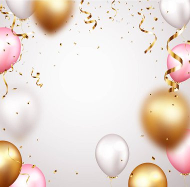Altın konfeti ve balonlarla kutlama pankartı vektör illüstrasyonu