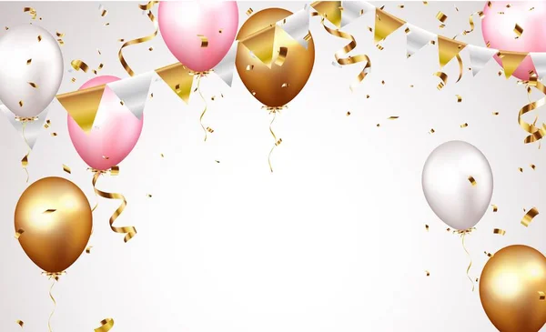 Altın Konfeti Balonlarla Kutlama Pankartı — Stok Vektör