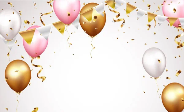 Banner Celebración Con Confeti Oro Globos — Vector de stock