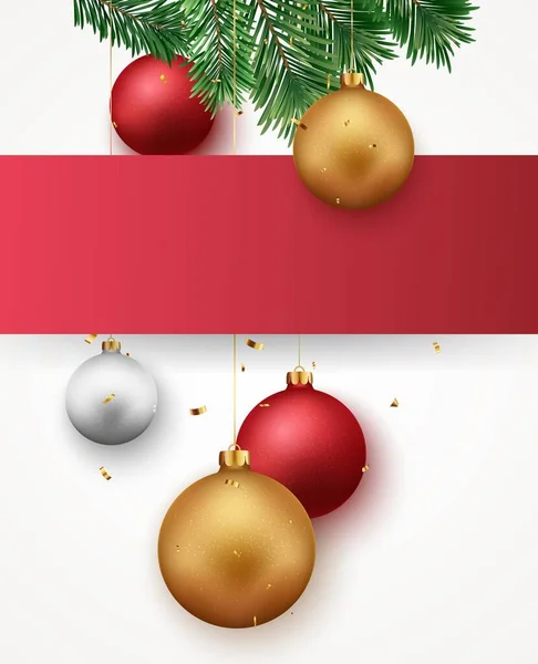 Boldog Karácsonyt Boldog Évet Banner Golyókkal Konfettivel — Stock Vector