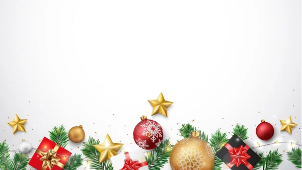 Feliz Navidad Feliz Año Nuevo Banner Con Bolas Confeti — Archivo Imágenes Vectoriales