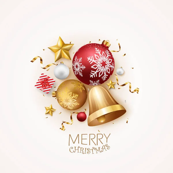 Merry Christmas Happy New Year Banner Red Gold Balls Confetti — Stock Vector