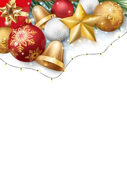 Feliz Navidad Feliz Año Nuevo Banner Con Bolas Rojas Oro — Vector de stock