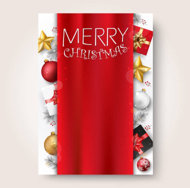 Mutlu noeller ve kırmızı, altın toplar ve konfetiyle mutlu yeni yıl afişi.