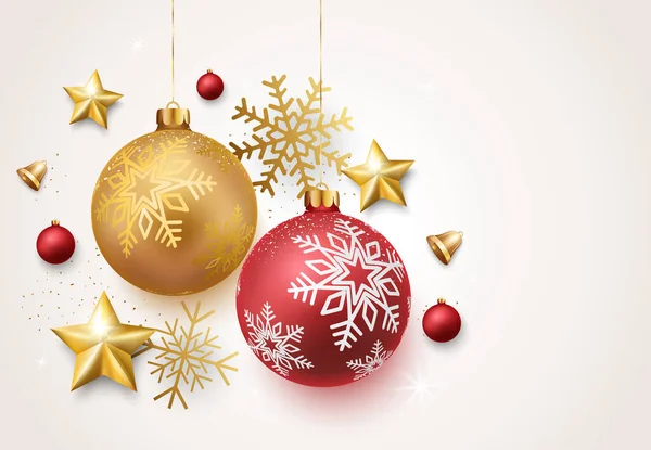 Boldog Karácsonyt Boldog Évet Banner Piros Arany Golyók Konfetti — Stock Vector