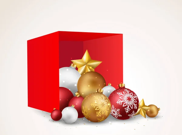 Feliz Navidad Feliz Año Nuevo Banner Con Bolas Rojas Oro — Vector de stock