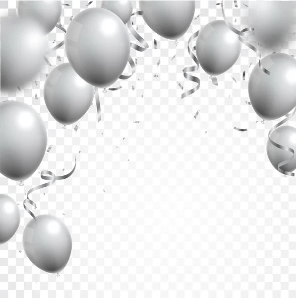 Silberne Luftballons Und Konfetti Auf Weißem Hintergrund — Stockvektor