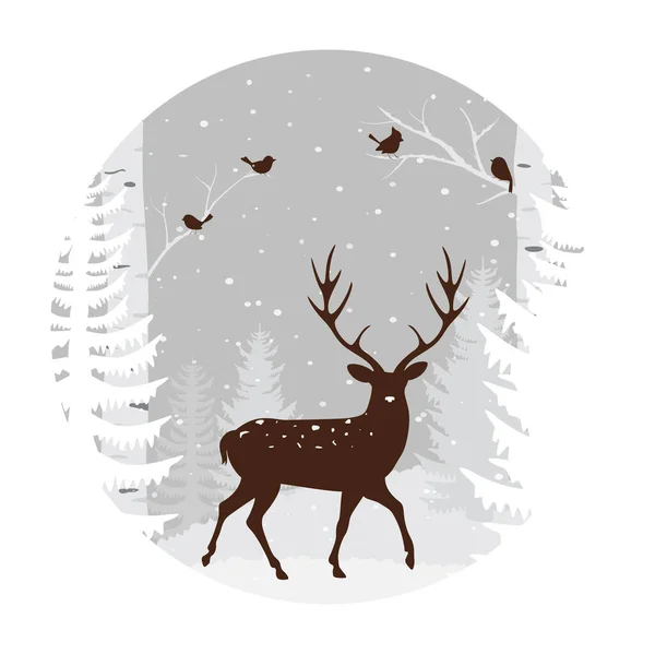 Vector Illustration Birch Tree Deer Birds Silhouette Background 스티커 — 스톡 벡터