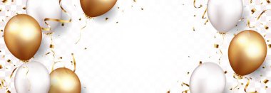 Altın konfeti ve balonlarla kutlama pankartı vektör illüstrasyonu