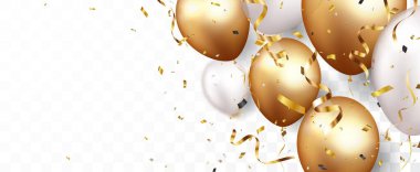 Altın konfeti ve balonlarla kutlama pankartı vektör illüstrasyonu