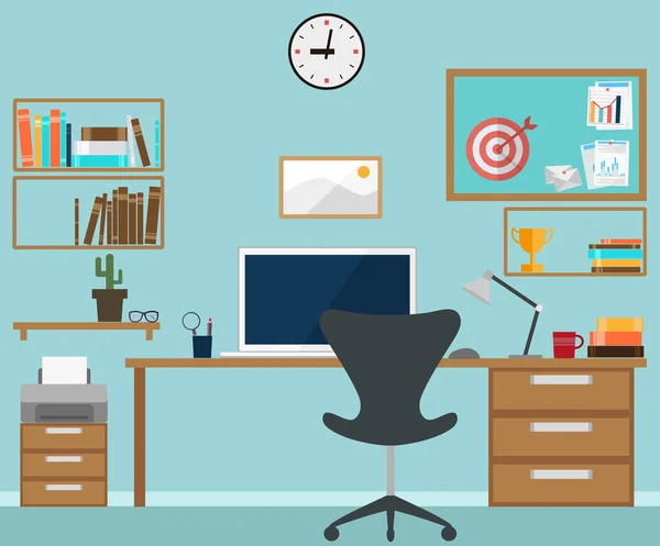 Espace de travail intérieur avec objets de bureau — Image vectorielle