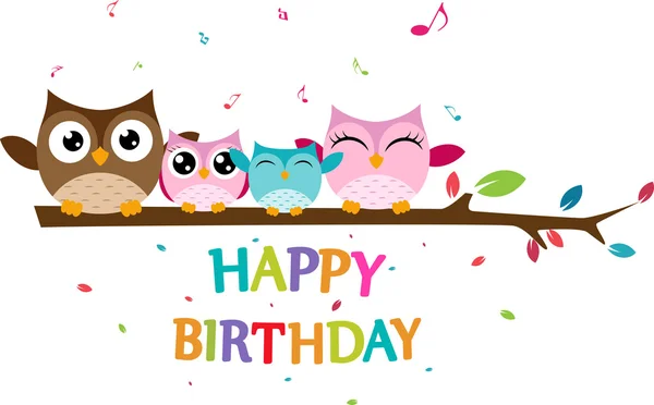 Família coruja feliz comemorar aniversário — Vetor de Stock