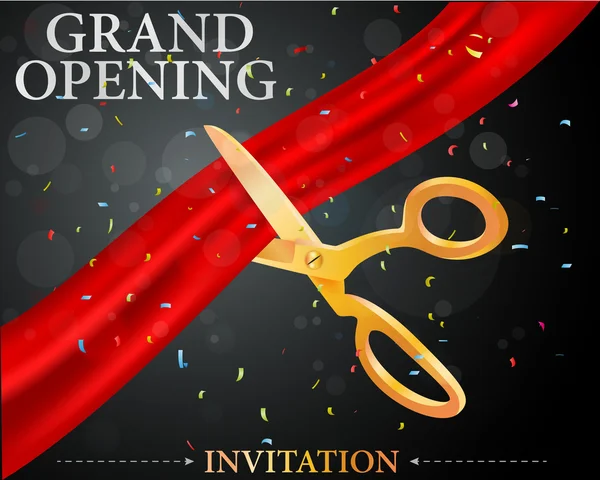 Grand opening card with red ribbon and gold scissors — Stock Vector