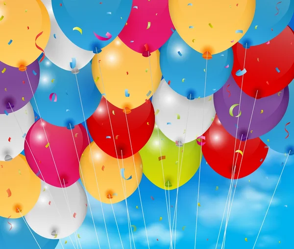 蓝蓝的天空背景上五彩的生日气球 — 图库矢量图片