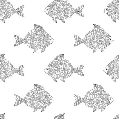 Beyaz arka planda karalama tarzında komik balıklar. Tek renkli vektör deseni.