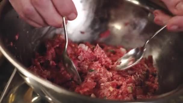 Handgemaakte Knoedels Chef Koken Dumplings Met Vlees Het Proces Van — Stockvideo