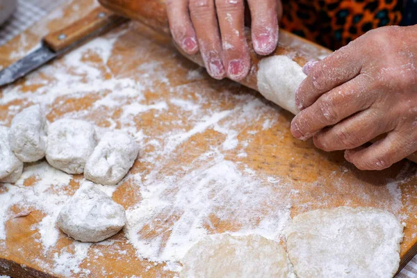 Woman Makes Dumplings Her Hands Wooden Cutting Board Rolls Out — Stock Photo, Image