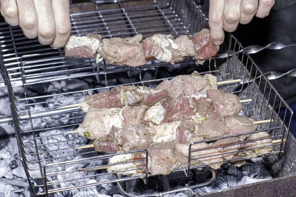 Fleischstücke Spieß Werden Auf Kohlen Gegrillt Hochwertiges Foto — Stockfoto