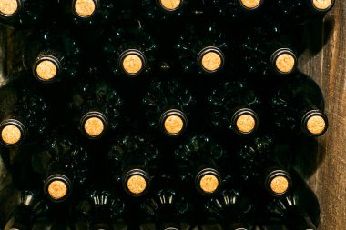 Şarap mahzenindeki bir rafta duran kırmızı şarap şişeleri. Yüksek kalite fotoğraf