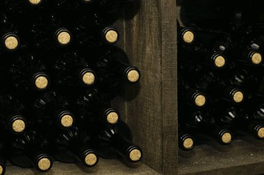 Şarap mahzenindeki bir rafta duran kırmızı şarap şişeleri. Yüksek kalite fotoğraf
