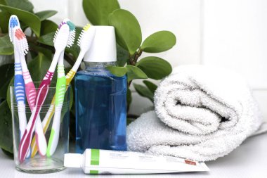 Cam bardakta beş diş fırçası diş macunu bir tüp diş macunu ve tuvalet masasının üzerine sarılmış bir havlu yeşil bir yaprak zeminine karşı. Yüksek kalite fotoğraf