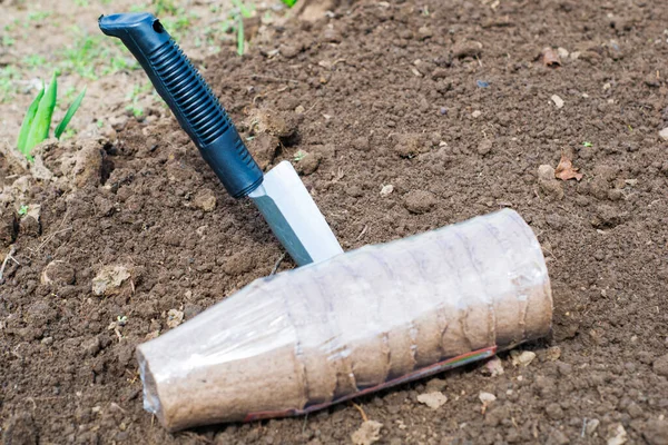 Potes Turfa Para Mudas Uma Jardim Conceito Terra Escavado Jardinagem — Fotografia de Stock