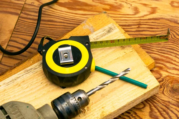 Measuring Tape Pencil Electric Drill Drill Board Construction Repair Concept — Stock Photo, Image