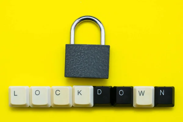 Closed Padlock Keys Yellow Background Bottom Inscription Lockdown Laid Out — Stock Photo, Image