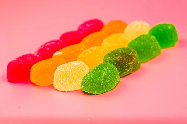 Colorful Marmalade Candies Laid Out Rows Color Pink Background High — Stock Photo, Image