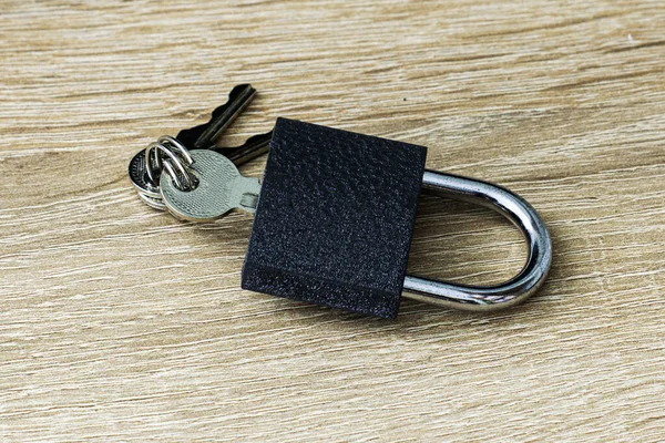 Iron Padlock Keys Keyhole Wooden Surface Concept Prohibition Security Restriction — Stock Photo, Image