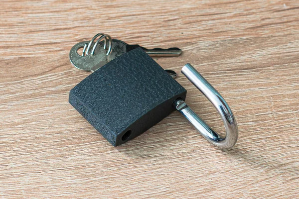 Open Iron Padlock Keys Keyhole Wooden Surface Concept Prohibition Security — Stock Photo, Image