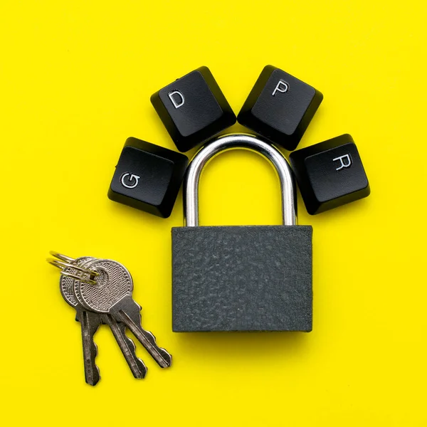Closed Iron Padlock Yellow Background Lock Arm Keys Computer Keyboard — Stock Photo, Image