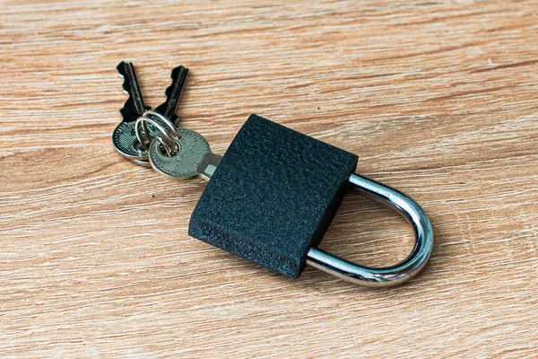 Iron Padlock Keys Keyhole Wooden Surface Concept Prohibition Security Restriction — Stock Photo, Image