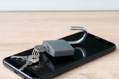 Akıllı telefon veri koruması kavramına dayanan anahtarlarla asma kilidi aç. Yüksek kalite fotoğraf