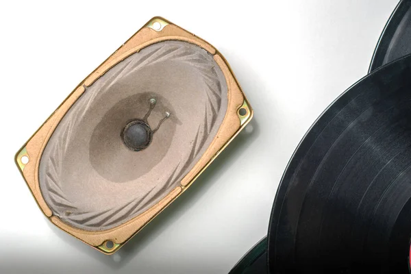 Disques Vinyle Côté Enceinte Sur Fond Blanc Concept Technologie Enregistrement — Photo