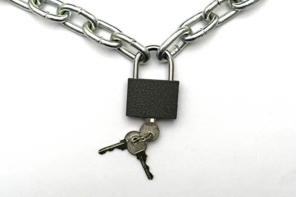 Padlock Keys Hanging Chain White Background High Quality Photo — Stock Fotó