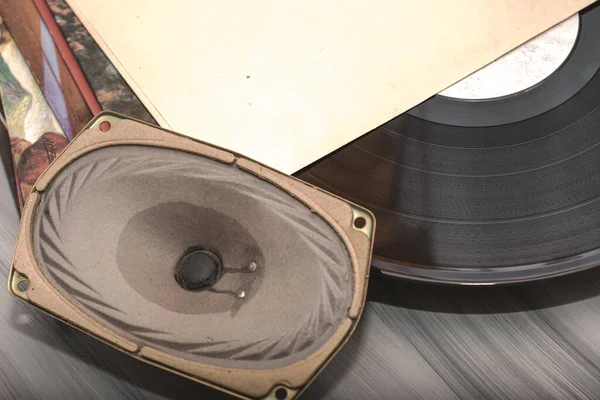 Vinyl Records Next Speaker White Background Retro Sound Recording Technology — стоковое фото