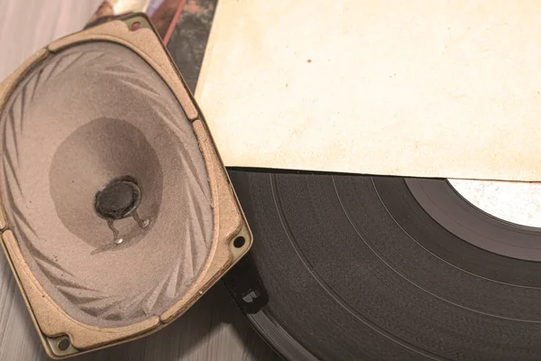 Vinyl Records Next Speaker White Background Retro Sound Recording Technology — стоковое фото