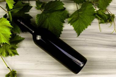 şarap şişesi ve asma dalları boyalı ahşap bir arka planda. Yüksek kalite fotoğraf