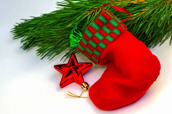 Natal Cartão Pinheiros Ramos Decorações Natal Santa Claus Meia Fundo — Fotografia de Stock