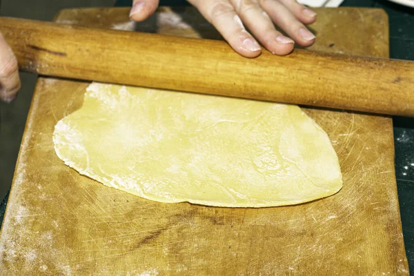 Woman Rolls Out Dough Table Wooden Rolling Pin High Quality — Stock Photo, Image