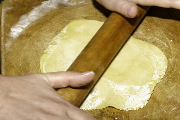 Woman Rolls Out Dough Table Wooden Rolling Pin High Quality — Stock Photo, Image
