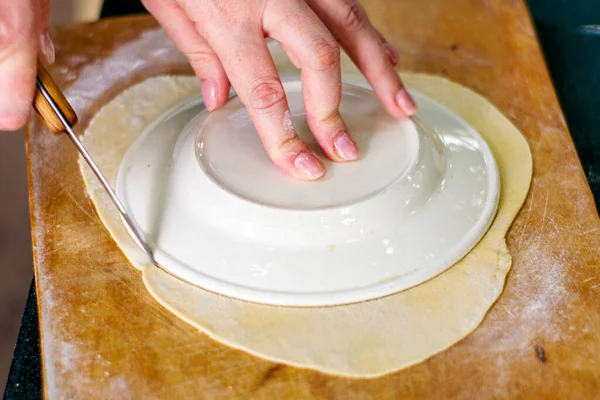 Woman Makes Caucasian Meat Pies Chebureks Wooden Cutting Board Forms — Stock Photo, Image