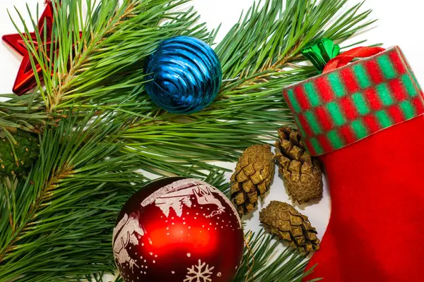 Decorações Árvore Natal Brinquedos Ramo Pinho Foto Alta Qualidade — Fotografia de Stock