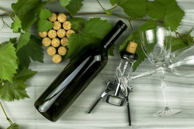 Şarap mantarları üzüm fırçası dalları, bir şişe şarap, bir şişe tirbuşon ve boyalı ahşap arka planda iki cam bardak şeklinde serilir. Yüksek kalite fotoğraf