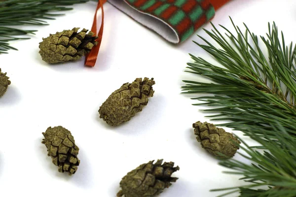 松の枝クリスマスのおもちゃ白い背景にサンタクラスのストッキングと松のコーンクリスマスのコンセプト 高品質の写真 — ストック写真