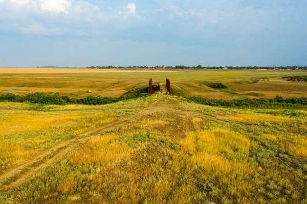 Old Iron Bridge River Steppe Country Road Picture Drone High — Stock Photo, Image